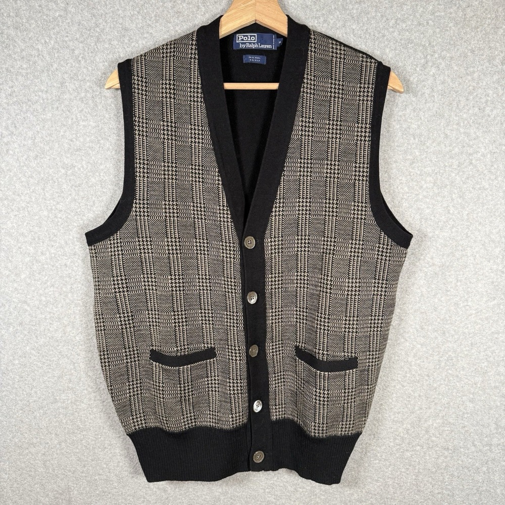 Vintage 90s Polo Ralph Lauren Houndstooth Wool Silk Sweater Vest Cardigan Mens M